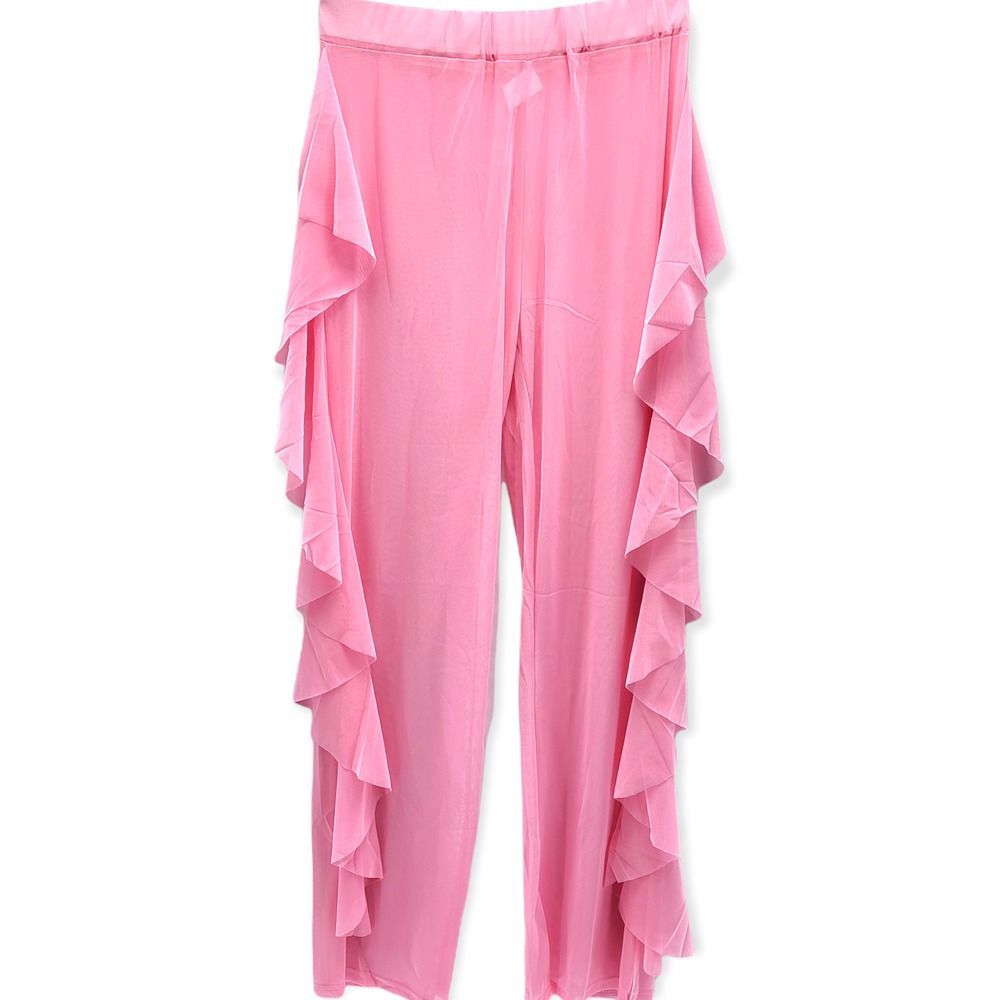 Women's Pink Ruffle Mesh See Through Pants Bikini Swimsuit Cover Bottoms Size XL
